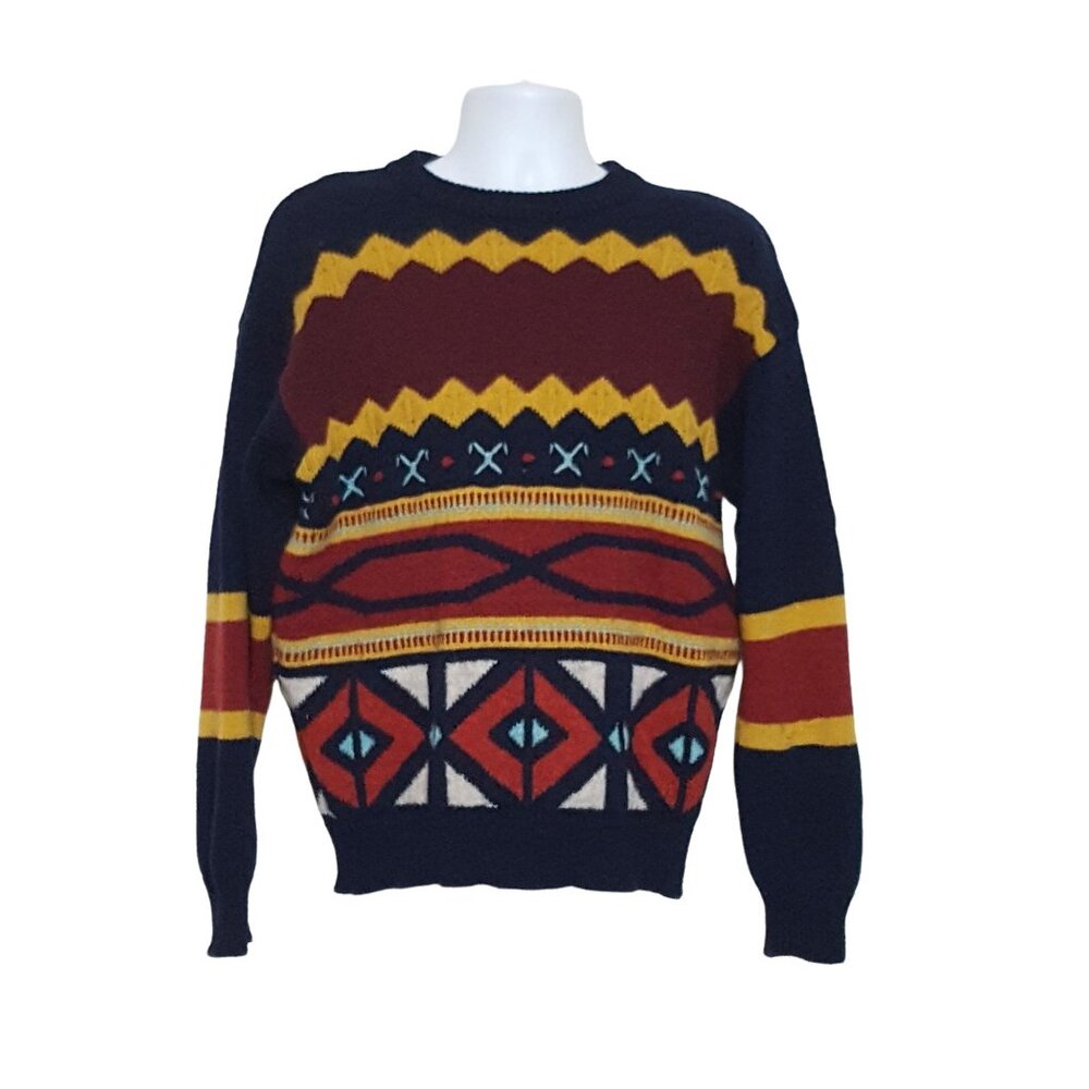 Vintage 80s Italian Mens Long Sleeve Pullover Sweater Shetland Wool Red Blue